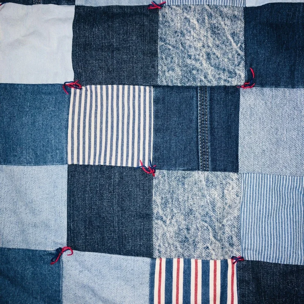 VTG Rag Denim Jean Baby Quilt Blanket 2 Sided Bears Flower Upcycled Handmade
